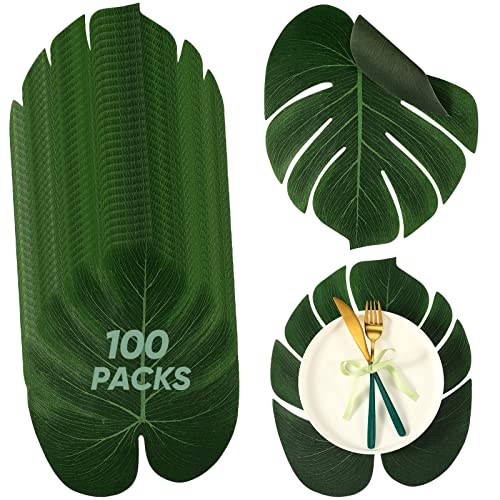 XunYee 100 Pcs Large Tropical Palm Leaf Placemats Artificial Monstera Leaf Table Decor Hawaiian Big Green Palm Leaves for Summer Wedding Luau Party Jungle Safari Table Decoration, 11.4 x 13.8 Inch