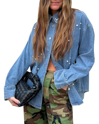 Women's Button Down Denim Shirt Pearl Beading Collared Casual Long Sleeve V Neck Jean Tops Blue a