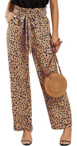 SySea Womens High Waisted Leopard Print Palazzo Pants Belted Wide Leg Long Trousers with Pockets (X-Large, 1-Khaki (Navy DOTS))