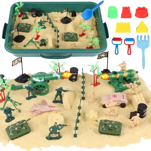 Gifts2U Sensory Bin Toy for Kids, 85 Pcs Military Play Sensory Sand Box Kit with Sandbox, 2.2 Lb Sensory Sand, Army Men Action Figures and Sand Tools Molds, Gift for Boys 3 4 5 6 7 8