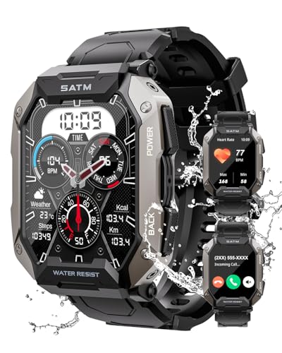 EBXDW Military Smart Watches for Men IP68 Waterproof for Swimming, with Answer/Make Calls, 80 Days Extra-Long Battery Outdoor Tactical Smart Fitness Watch for Android, Black