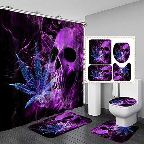 OLEBETY 4PCS Purple Skull Shower Curtain Sets with Rugs, Waterproof Fabric Shower Curtain, Halloween Horror Scary Gothic Cool Skeleton Bathroom Decor for Men Teen Boys, Non-slip Bath Mat Bathroom Rugs