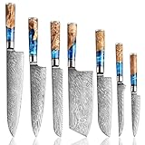 SENKEN 7-Piece Damascus Kitchen Knife Set - Tsunami Collection - 67-Layer Japanese VG10 Steel - Chef's Knife, Cleaver, Santoku, Bread, Boning, & More