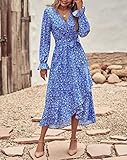 BTFBM Casual Dresses for Women Summer Spring Wrap V Neck Long Sleeve Ruffle Flowy Floral Maxi Boho Wedding Guest Dress(White Floral Bright Blue, Medium)