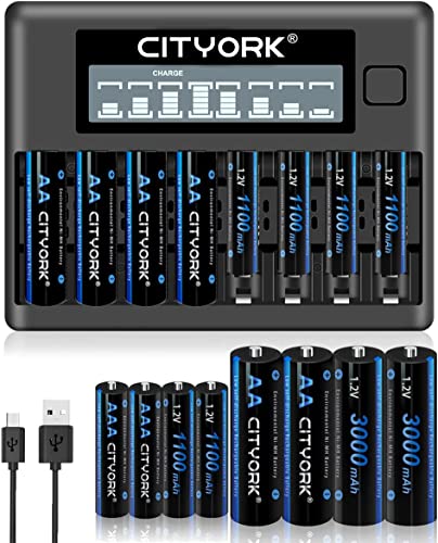 CITYORK 8 Pack AA 3000mAh and 8 Pack AAA1100mAh 1.2V Ni-MH Rechargeable Batteries with 8 Bay LCD Smart Charger for 1.2V AA AAA 1.2v NiMH/NiCd Rechargeable Batteries