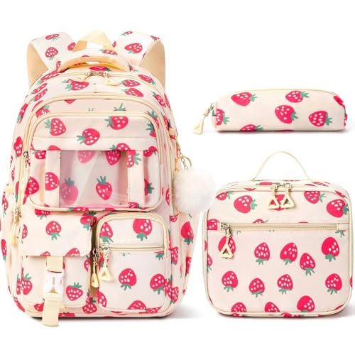 Fimibuke Girls Backpack for School, 3Pcs Waterproof Kids Backpack with Lunch Box & Pencil Bag - Lightweight School Backpack Multi-Pocket Bookbag for Elementary Middle School Student Teens Ages 6+