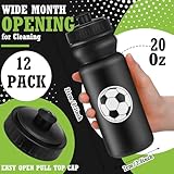 Nitial 20 Pack Squeeze Water Bottle Bulk 20 oz Sports Bottle with Pull Top Lid Plastic Reusable Gifts Tumbler for Sports Travel Gym Party Supplies(Soccer,Black)