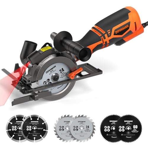 DOVAMAN Circular Saw, 5.8A 4-1/2" Circular Saw w/Laser, Metal Auxiliary Handle, 6 Saw Blades (4½", 4¾"), Cutting Depth 1-11/16" (90°), 1-3/8" (45°), Ideal for Wood, Soft Metal, Plastic, Tile - MCS01A