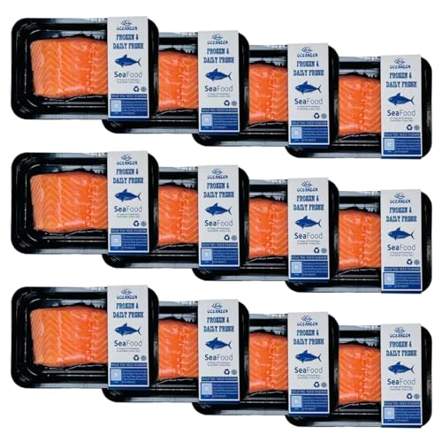 OCEANZEN: Premium Quality,Atlantic Salmon - 12 Packs of (2 x 6 oz Fresh Skinless Fillets) Shipped Frozen,Sashimi Grade - Sustainable Sourcing (9 lbs) Box