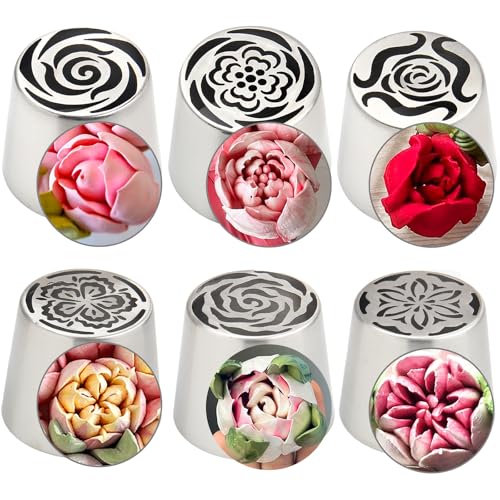 Extra Large Russian Piping Tip Set - 6 Stainless Steel Marshmallow Buttercream Framing Nozzles for 3D Roses Tulip Cake Decorations and Marshmallow Bouquets(6A)
