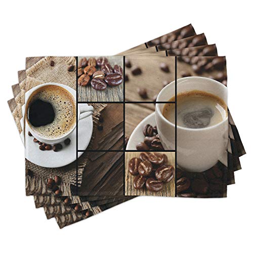 Ambesonne Brown Place Mats Set of 4, Coffee Themed Collage Close up Mugs Beans on Wooden Table Aromatic Roasted Espresso Drink, Washable Fabric Placemats for Dining Table, Standard Size, Brown Coffee