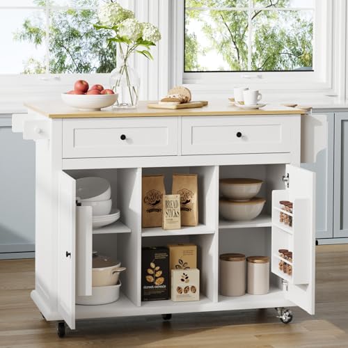 Vitalikus Kitchen Island with Storage and Drop Leaf, 53 Inch Large Rolling Kitchen Island Cart on Wheels, Portable Island Table for Kitchen with 2 Open Shelves 2 Drawers and 2 Cabinets, White