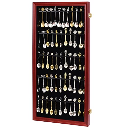 COMSREV 60 Souvenir Tea Spoon Display Case Collection Collector Rack Wall Mount Wooden w/98% UV Acrylic Door Lockable(60 Spoons-Cherry)