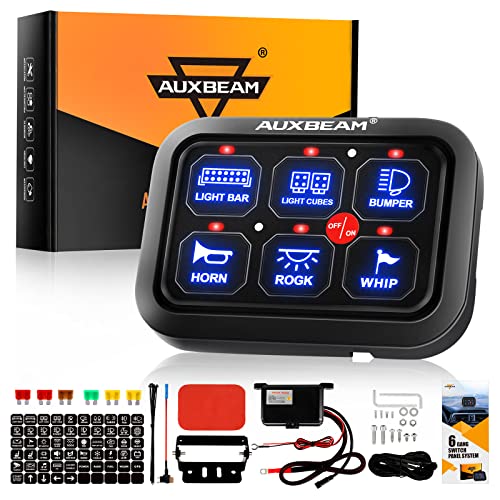 Auxbeam 6 Gang Switch Panel BC60, Universal Circuit Control Relay System Box with Automatic Dimmable On-Off LED Switch Pod Touch Switch Box for Car Pickup Truck UTV ATV Boat, 2 Years Warranty, Blue