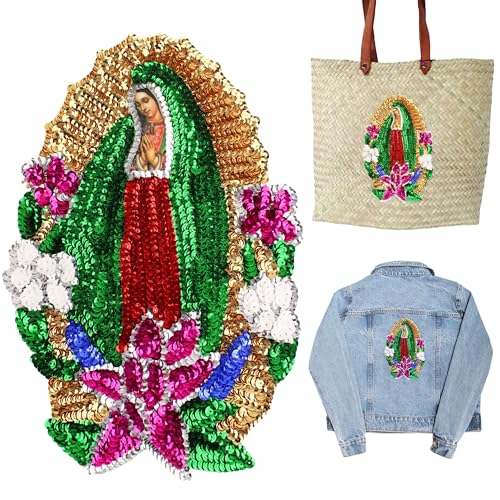 Cuitáxi Virgen de Guadalupe Sequin Applique Patch It can be Sewed/glued on Cap and Gowns, Jackets, Bags or Any Other Fabric - Our Lady of Guadalupe Sequin Patch - Virgin Mary Embellishment Patch