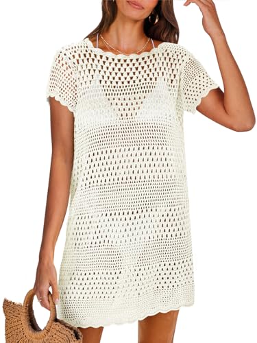 ANRABESS Swimsuit Cover Up for Women 2025 Crochet Bathing Suit Swimwear Mesh Knit Beach Dress Summer Vacation Outfit Clothes White Large