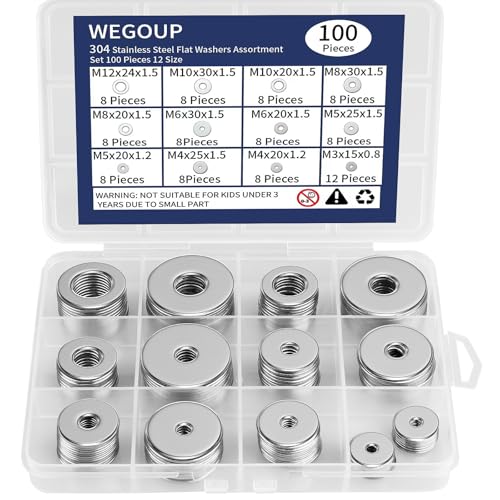 WEGOUP 18-8(304) Stainless Steel Metal Flat Washers for Screws and Bolts, 100 Pieces Assorted Washers Kit (12 Sizes M3-M12), Large and Small Hardware