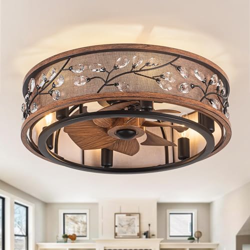 WWM 20" Low Profile Flush Mount Fandelier Ceiling Fan with Lights – Farmhouse Style, DC Motor Fixes Flickering, Reversible Motor, 6 E12 LED Bulbs Included, Remote Control, Quiet & Energy-Efficient