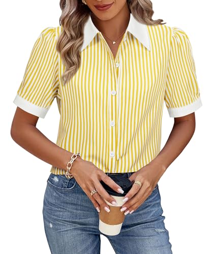 Womens Spring Blouses Button Down Shirt Short Sleeve Dress Shirt V Neck Collar Fit Spring and Summer Bobo French Petite Blouse Button Up Lightweight Western Top Tunic Yellow Stripe L