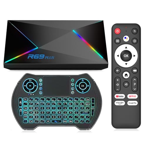 Android 14 TV Box 2025 Android Box 4GB RAM 64GB ROM for Smart TV 1000M Ethernet R69 Plus 8K TV Box 4K HDR10+ H728 Octa-core WIFI6 2.4G 5.8G Dual WiFi BT5.0 USB 3.0 with Mini Wireless Keyboard