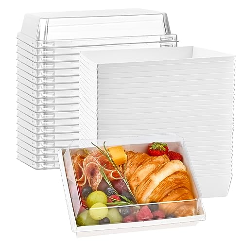 Ocmoiy 7x5 Inch Charcuterie Boxes with Clear Lids, 50 Pack Paper Bakery Boxes with Window, Disposable Take Out Food Containers for Sandwiches, Strawberries, Cookies, Cupcakes (White)