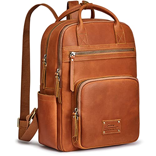 S-ZONE Vintage Genuine Leather Backpack Purse for Women Men Rucksack Travel Daypack with Luggage Sleeve