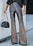 EVALESS Women's High Waist Sparkly Sequin 70's Disco Wide Leg Flare Pants Lounge Trousers Bell Bottom Multicolor L 12 14