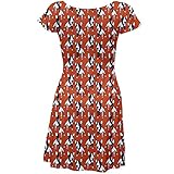 CowCow Red Cartoon Bull Terrier Pattern Short Sleeve Skater Dress, Red-XL