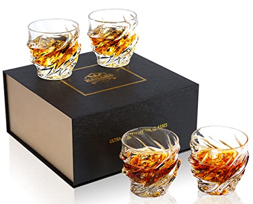 KANARS Whiskey Glasses for Men, 9 Oz Crystal Bourbon Glass Set of 4, Old Fashioned Rocks Barware for Scotch Cognac Vodka Cocktail Rum, Whisky Gifts Set for Christmas Birthday Retirement