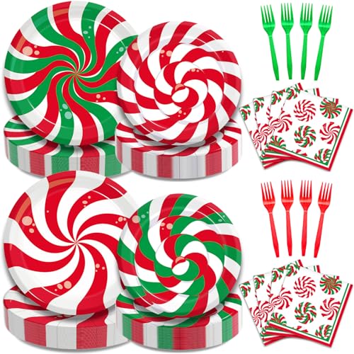 Kepeel 200Pcs Christmas Peppermint Candy Party Plates and Napkins, Winter Holiday Christmas Party Decorations Supplies Red Green Sweets Birthday Baby Shower Party Disposable Dinnerware Set, Serves 50