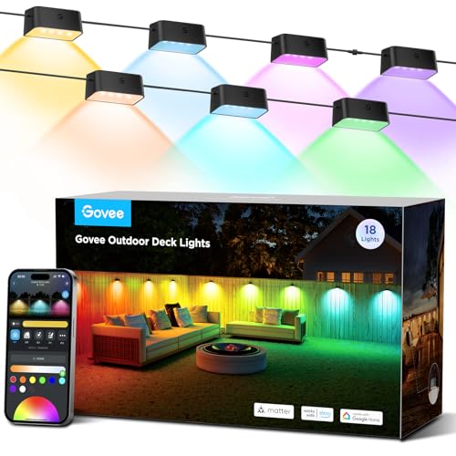 Govee Outdoor Deck Lights, Smart WiFi Outdoor Lights Work with Alexa, Google, Matter, App Control, IP65 Waterproof, Color Changing Fence Lights for Fence, Patio Decoration, Wired 18 Packs (112ft)
