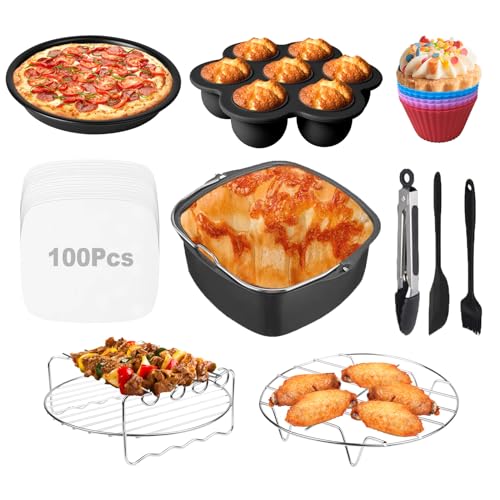 Air Fryer Accessories for Cosori, 10 Piece Square Accessories for COSORI 5.8 QT 6.0 QT, Instant Vortex Plus 6QT and Larger Air Fryers, Including Cake & Pizza Pan, Rack & Skewer, Egg Bite Mold, etc.