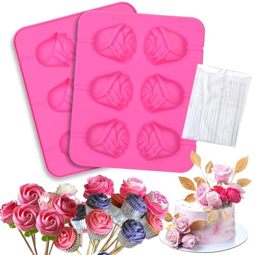Palksky Silicone Rose Mold, Rose Cake Pop Mold with Sticks, 3D Rose Lollipop Molds for Cupcake, Mother's Day Baking Supplies