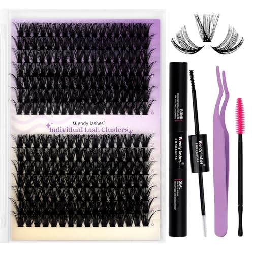 Lash Clusters Kit 280PCS 60/80D DIY Lash Extension Kit 12-16mm Wispy Lash Clusters With Lash Bond and Seal, Lash Tweezers, Lash Brush, C Curl Eyelash Clusters by Wendy Lashes（60P/80P-C-12-16mm Kit）