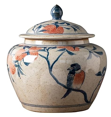 DEEDAV Traditional Ginger Jar Ceramic Ginger Jar with Lid Chinese Tradition Storage Jar Decorative Porcelain Jars Temple Jar with Lids Chinoiserie Antique, 15*15*17cm