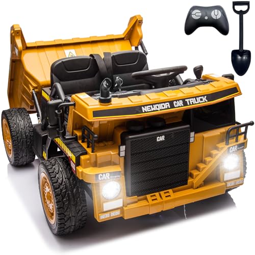 NEWQIDA 24V Ride on Dump Truck, Kids Electric Car with Remote Control, Ride on Construction Vehicles with Electric Dump Bed and Extra Shovel, 2x75W Powerful Motors, Music Player, Soft Start, Yellow