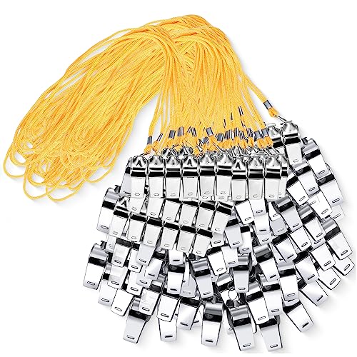 Kingdder 100 Pcs Metal Referee Whistle Bulk for Coach Whistles for Adults with Lanyard Stainless Steel Sports Whistle Emergency Loud Sound Whistle for Teachers Polices School Sports(Yellow)