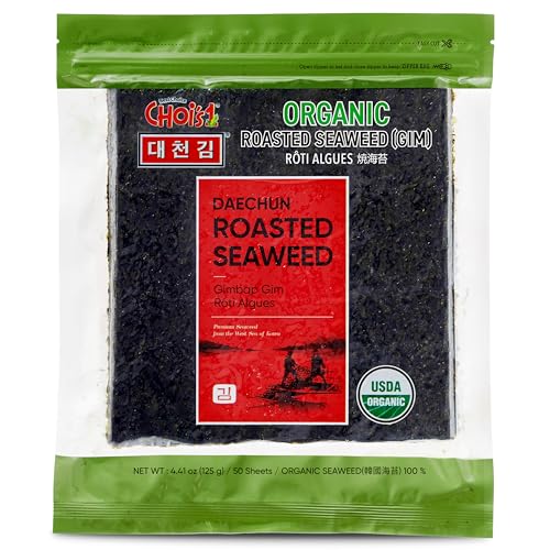 CHOI's 1 Organic Roasted Seaweed, Gim, Sushi Nori/ (50 full sheets)/ Product of Korea/ Gold Grade- Vegan, Keto, Gluten Free, Full of Fiber, Vitamin, Mineral, High protein, Omega 3's