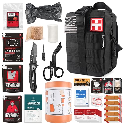 THRIAID Survival First Aid Kit with Israeli Bandage, Splint, Chest Seal, Tactical Military Combat Molle IFAK for Wound Care, Bleeding Control, Trauma Hemorrhage and More (Black)