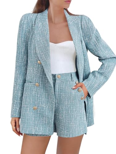 Cicy Bell Womens 2 Piece Tweed Blazer Shorts Sets Long Sleeve Double Breasted Suit Jackets Business Outfit Blue