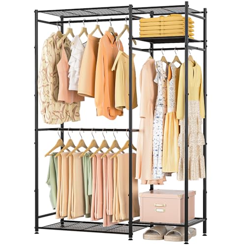 Portable Closets for Hanging Clothes, Freestanding Clothing Rack with 3 Hang Rods & 5 Shelves, Metal Wardrobe Garment Rack for Bedrooms Entrances