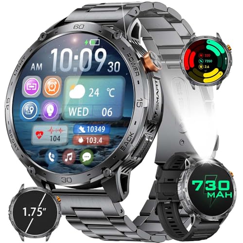LIGE Smart Watch for Men, 1.75'' AMOLED Large Screen Smartwatch, LED Flashlight/5ATM Waterproof/730mAh/100+ Sports Fitness Tracker Watch, Pedometer Mens Smart Watch for Android iPhone Compatible