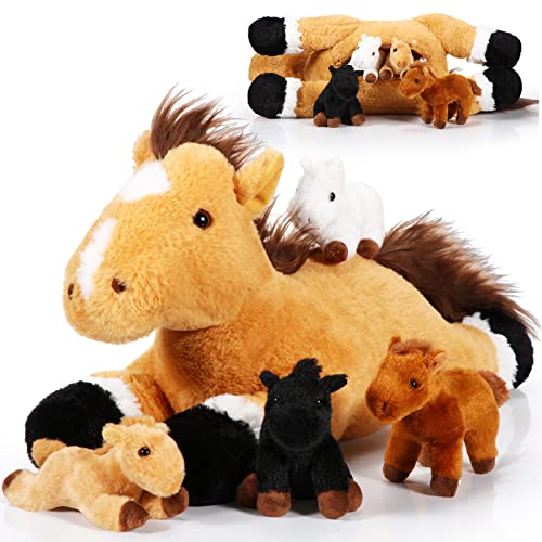 Lenwen 5 Pcs Horse Stuffed Animals Large Mommy Horse Plush with 4 Cute Babies in Zippered Belly Nurturing Plushie Toy Set for Birthday Gift Derby Party Favors(Cute)