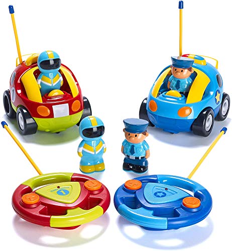 PREXTEX Cartoon Remote Control Car - 2-Pack Police Car and Race Car Toddler Toys - RC Cars for Kids with Different Frequencies - Easy Remote Control Toy and Thoughtful Gifts for Boys and Girls