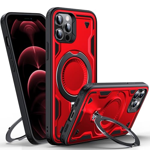 WYUIC Designed for iPhone 12/12 Pro Magnetic Case, Compatible with Magsafe, 10ft Drop Test Rugged, 360 Rotating Ring Kickstand Heavy Duty Shockproof Protection Phone Case iPhone 12/12 Pro Cover, Red