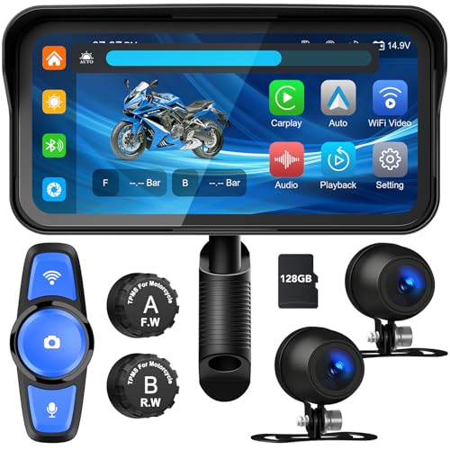 WEUASTE 6.25" Portable Motorcycle Dash Cam with Dual 1080P HD Dash Cameras, Motorcycle TPMS, Wireless Apple CarPlay & Android Auto, Remote Control, IP67 Waterproof, Support Siri, Free 128G SD Card