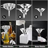 Stainless Steel Funnel, Walfos 4 Pack(4in、3 in、2.2 in、1.7in Kitchen Funnel with 2 Removable Strainer ＆ 1Pcs Cleaning Brush, Perfect for Transferring of Liquid, Oils, Jam, Dry Ingredients & Powder