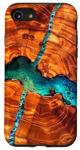 Koa Wood Grain Wooden Epoxy Resin Mountain And River Scene Case for iPhone SE (2020) / 7 / 8