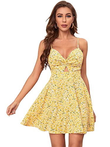 Floerns Women's Boho Floral Print Twist Front Cami A Line Mini Dress Yellow M