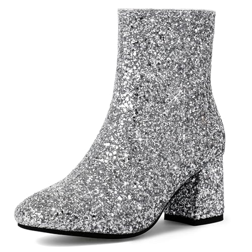 MAVMAX Women's Sequin Glitter Ankle Boots Chunky Heels Sparkly Booties Women Silver Sparkle Boots Shiny Block Heel Wedding Ankle Boots Size 7.5
